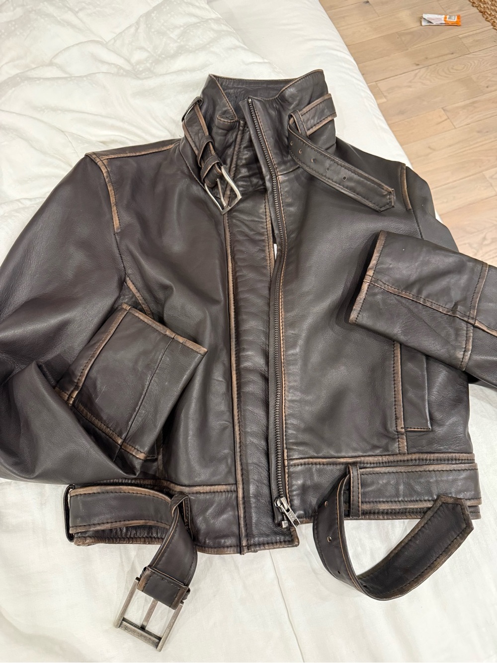 Zara Dark Brown Genuine Leather Bomber Jacket with Buckle Details NWT